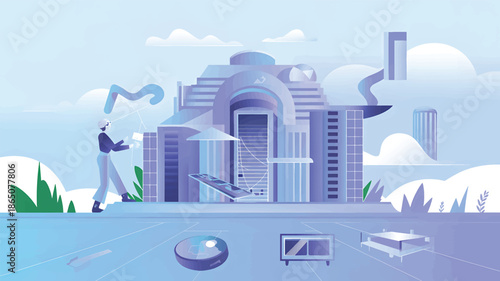 Person wearing V R headset interacts with futuristic city and floating devices virtual reality