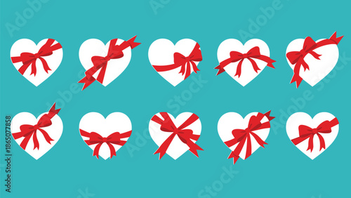 Set of ten white heart shaped gift boxes with red ribbon bows isolated on turquoise background for Valentines Day greeting