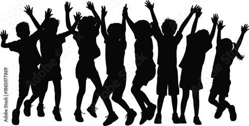 Silhouette of Diverse Happy Children Jumping and Cheerful Kids Celebrating Together Isolated on White Background for Youthful Play and Fun Concepts