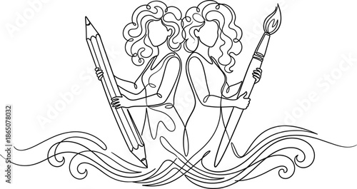 Continuous one line drawing of two creative women holding large pencil and paintbrush representing artistic passion inspiration and female creativity