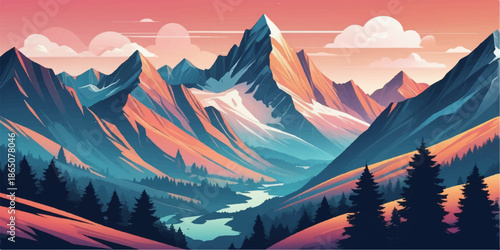 A panoramic view of a snow covered mountain range at sunset and sunrise featuring misty peaks and alpine trees under a glowing winter sky