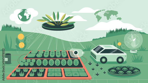 Futuristic farm with autonomous vehicle and drone watering plants agriculture technology automation