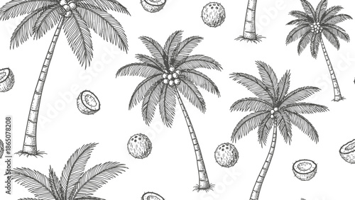 Seamless Black and White Tropical Palm Tree and Coconut Pattern