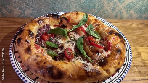 A fluffy Neapolitan pizza with porchetta. Delicious pizza, tomatoes, cheese, a taste of southern Italy.