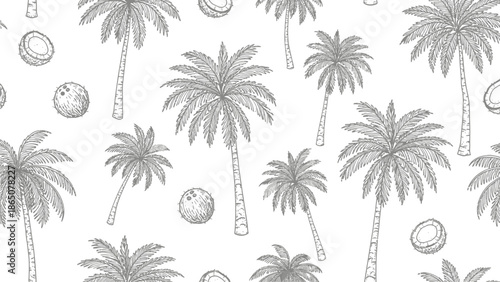 Seamless Black and White Tropical Palm Tree and Coconut Pattern