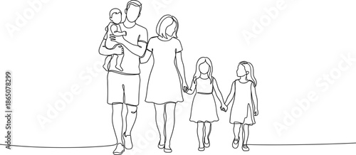 Continuous one line drawing of a happy family walking together representing love parenthood and togetherness in a minimalist black vector