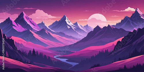 Snowy mountain peak at sunrise and sunset with a panoramic winter landscape view of the Alps valley under a cloudy morning sky with mist and forest