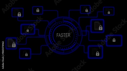 Fast Digital Network System with Locked Data and User Icons Connected to Central Hub security data protection