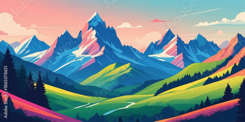 Alpine landscape panorama of the high snow peaks and green forest valley during a summer sunrise over the mountains of Italy in Europe