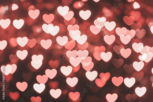 Vibrant pink and red heart shaped bokeh lights in romantic festive background