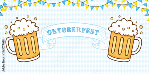 A cheerful, hand-drawn background for Oktoberfest. Features two frothy beer mugs, a ribbon banner and festive garlands on a traditional Bavarian pattern.
