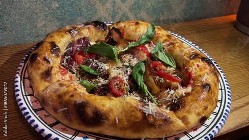 Beautiful, mouth-watering Neapolitan pizza with high edges. Authentic Italian sourdough dough. Oven-baked, haute cuisine.