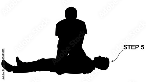 Person performing cardiopulmonary resuscitation on another person on the floor, viewed from the side in a stark white environment