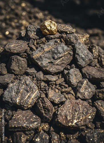 Gold ore in natural rock with bright veins, gold deposit, geological wealth, mining and extraction of precious metals, natural resources concept