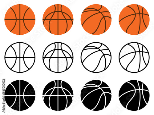Basketball ball icon set featuring multiple line styles and color variations including orange white and black