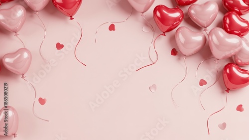 Romantic heart balloons floating on pink background for Valentine's Day.