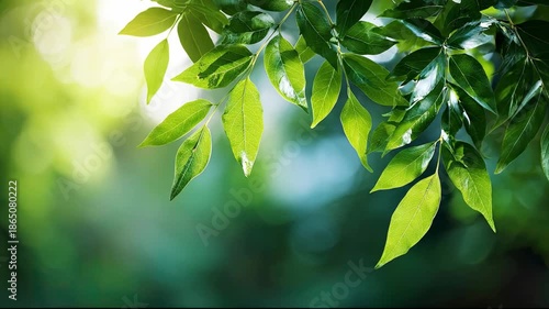 Fresh green tree leaves swaying gently in breeze with soft bokeh sunlight nature background