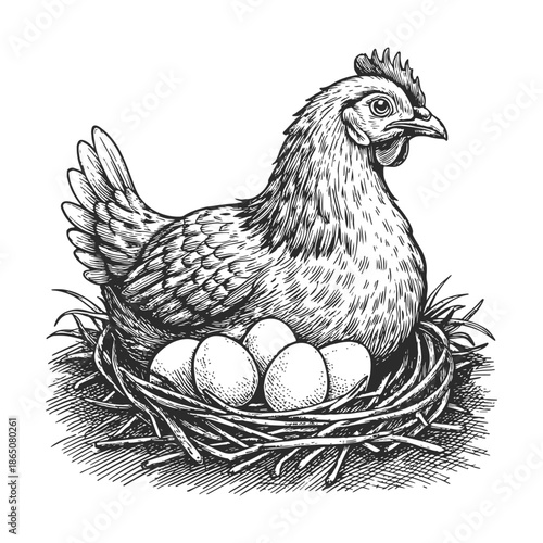 Vintage engraved illustration of a hen sitting on a nest with eggs. Detailed hand-drawn farm bird in rustic etching style.