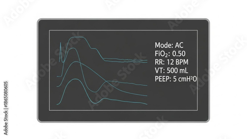 Medical ventilator screen displaying pressure and volume Page during assisted control mode operation