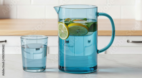 Refreshing view a glass and a pitcher filled with water, ice, lemon slices, and herbs, set on a bright countertop