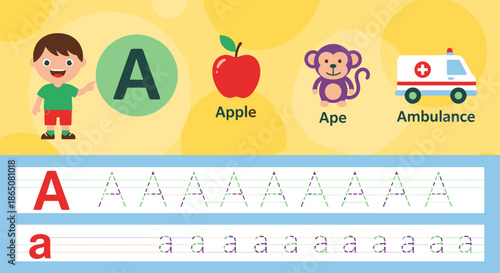Educational illustration featuring the letter A with associated images and tracing lines.