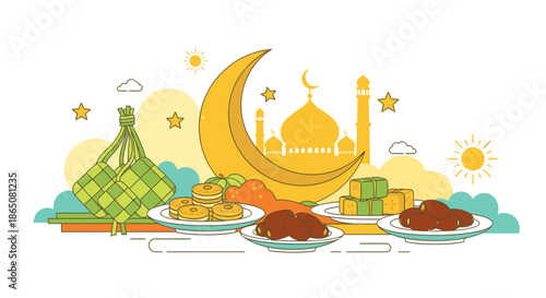 Ramadan Feast Crescent Moon Mosque and Traditional Treats.