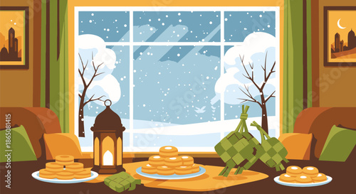 Festive Winter Feast Lantern Pancakes and Ketupat by the Window.