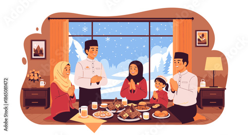 Muslim Family Gathering for Dinner During Winter Season.