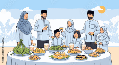 Festive Muslim Family Gathering Around a Table Laden with Eid Treats.