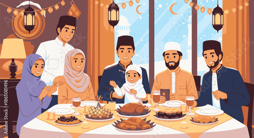 Muslim Family Celebrating Eid alFitr at Dinner Table.