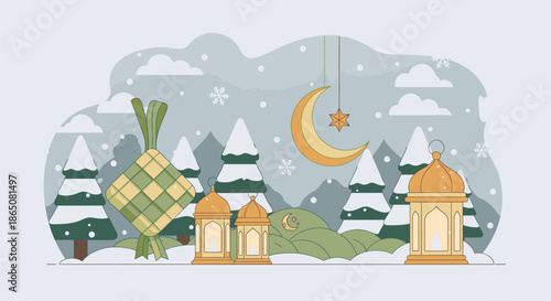Eid AlFitr Celebration with Ketupat Lanterns and Crescent Moon in Winter Landscape.