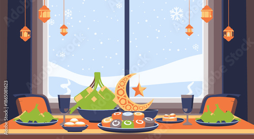 Festive Iftar Table Setting with Winter Window View and Ramadan Lanterns.