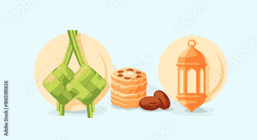 Eid alFitr Celebration with Ketupat Dates Cookies and Lantern.