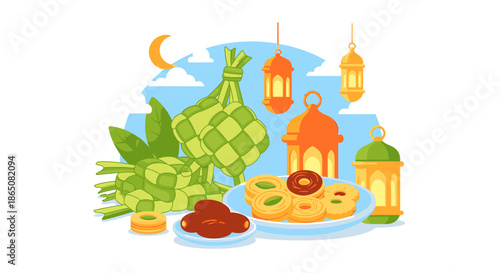 Ramadan Feast Ketupat Dates and Lanterns for a Festive Celebration.