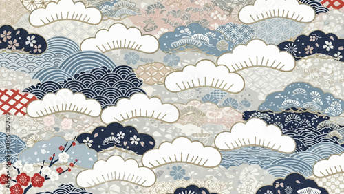 Traditional Japanese seamless pattern with colorful clouds, waves, and floral motifs