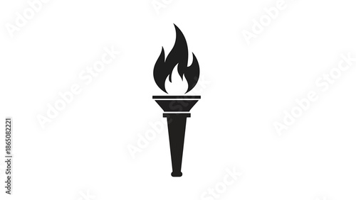 Graphic black torch with burning flame stands isolated on white, symbolizing hope and determination