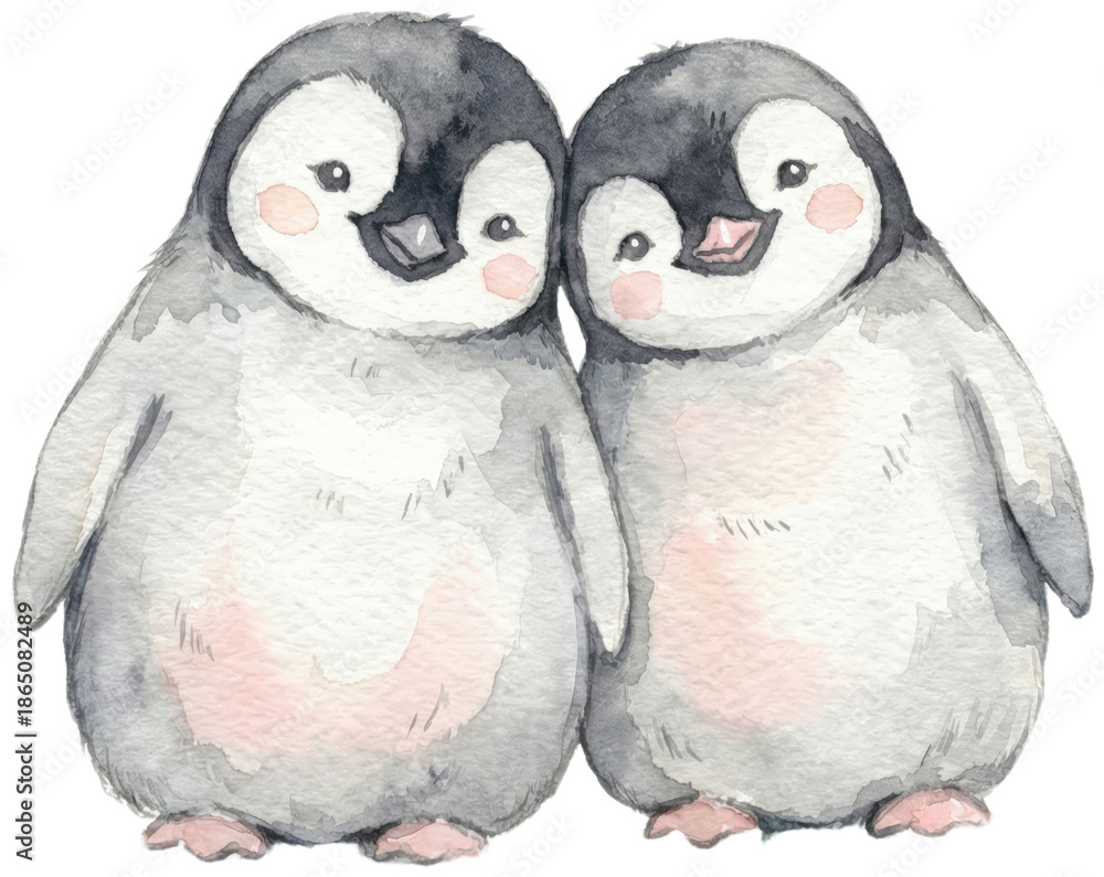 Fototapeta premium Two Baby Penguins Together in Gentle Watercolor Illustration 