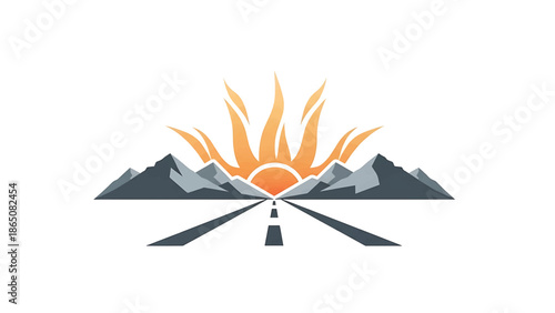 Graphic design featuring a road disappearing into a mountain range. The sun is over the mountains, with a clear blue sky