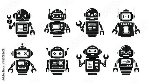 Collection of monochrome robot icons in various poses and designs