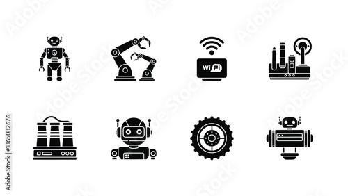Black robotic icons depicting automation technology and industrial concepts