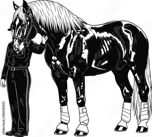 Elegant horse and handler illustration, equestrian care concept, detailed black and white vector art, grooming training partnership, farm animal portrait