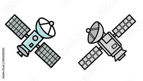 Illustration of two communication satellites with solar panels and antennas