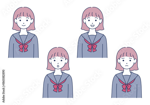 学生服・セーラー服を着た女の子のイラストセット