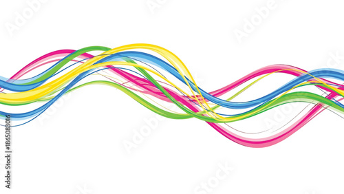 Colorful, curved lines of various hues dance across a blank white background. The lines create an abstract wave design, offering a cheerful and vibrant visual