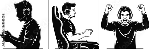 Esports gamer playing video games with headset, professional gaming setup, competitive online gaming concept, streamer celebration moment, joystick controller vector illustration