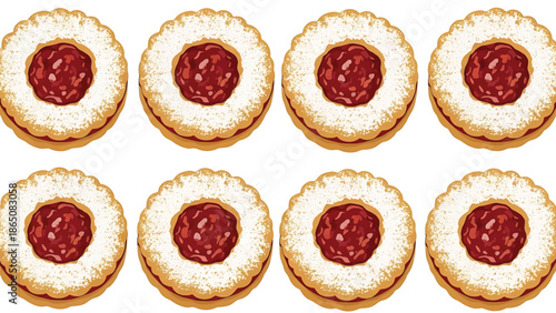 Eight round cookies are shown in a repeating pattern on a white background. They have a jam filling and powdered sugar