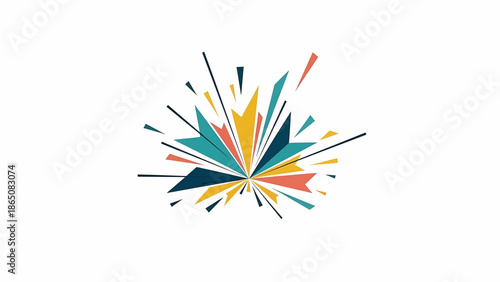 Colorful, geometric burst emanating from a central point. Triangles and lines in a radial pattern on a white background, creating a visual explosion