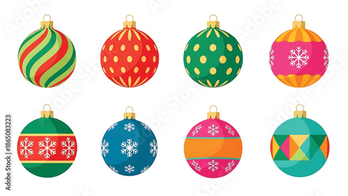 Eight vibrant Christmas ornaments in a flat vector style, each with unique patterns and colors, ready for festive season