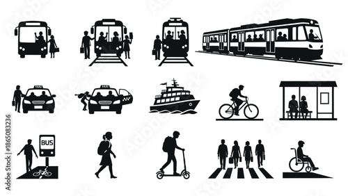 Vintage train icon set showing classic locomotives and railway vehicles in a simple vector illustration