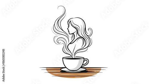 Elegant line art shows steaming coffee in a cup, vapor shapes a woman's profile